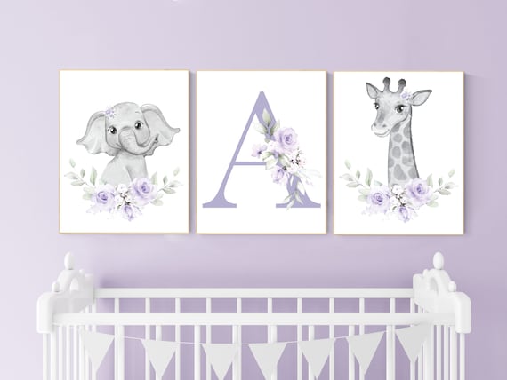 Nursery decor girl boho, Purple nursery, nursery wall art elephant, nursery decor girl, nursery decor girl floral, lilac nursery, lavender