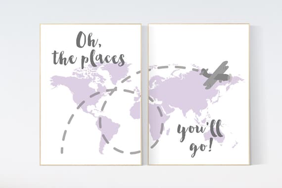 World map, purple nursery decor, lilac, lavender, Oh the places you'll go, travel themed nursery, airplane nursery art, world map wall art