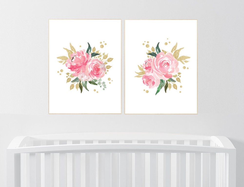 Nursery decor girl pink roses, nursery decor pink and gold, nursery decor girl flower, girls