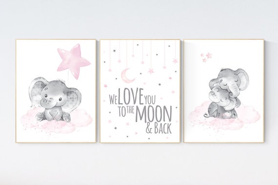 Nursery decor girl, we love you to the moon and back, baby room wall art, girl nursery decor, Elephant nursery, nursery wall art elephant