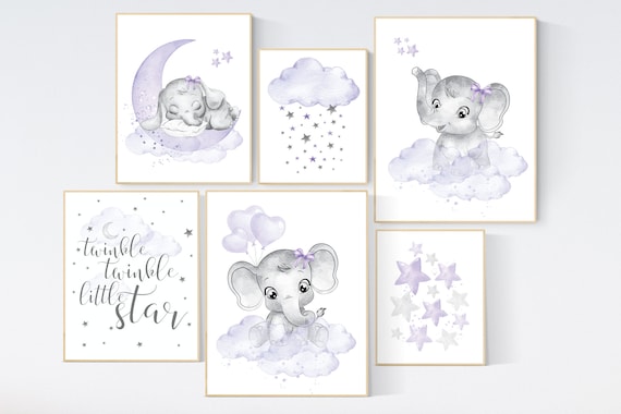 Nursery decor girl purple, lilac nursery decor, nursery decor elephant girl, moon and stars, nursery prints girl, lavender, star nursery