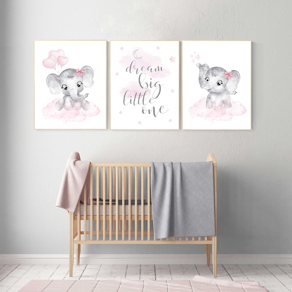 Nursery decor girl elephant, baby room decor girl, nursery wall art elephant, pink gray, nursery prints elephants, dream big little one