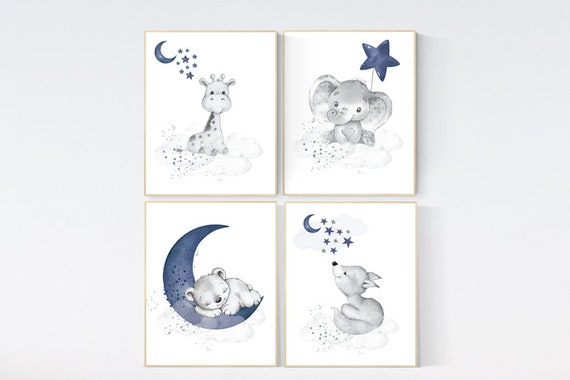 Nursery decor boy elephant, animal nursery, lion, elephant, fox, bear, navy blue, animal prints, baby room wall art, navy gray grey