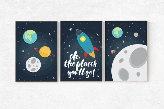 Space nursery decor, oh the places you'll go, outer space nursery wall art, nursery set, space themed nursery kids room decor, boys room