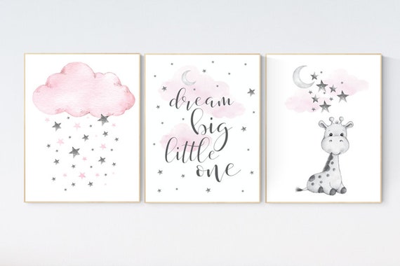 Girl nursery decor, Nursery decor girl, nursery wall art girl, giraffe nursery, Pink and gray nursery, dream big little one, moon and stars