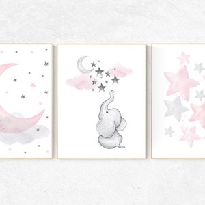 Nursery decor girl pink and gray, elephant nursery, nursery decor girl pink, pink and grey, moon and stars, pink nursery, pink gray nursery