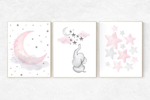 Nursery decor girl pink and gray, elephant nursery, nursery decor girl pink, pink and grey, moon and stars, pink nursery, pink gray nursery