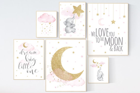 Nursery decor girl, Nursery decor elephant, baby room decor girl gold and pink, gold nursery art, to the moon and back, cloud stars nursery