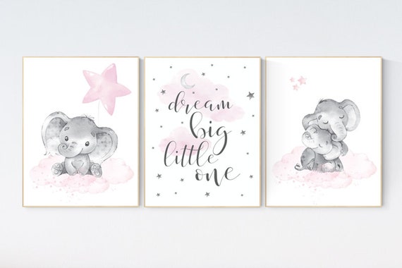 Elephant nursery, nursery wall art elephant, nursery decor girl, dream big little one, pink nursery, baby room decor girl, nursery prints