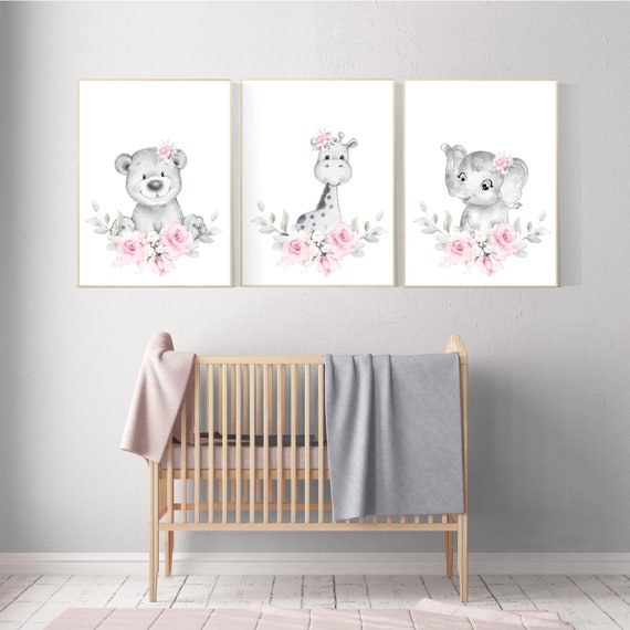 Nursery decor floral jungle, animal nursery, floral nursery, Nursery wall art girl elephant, giraffe, bear, pink flowers, girl nursery ideas