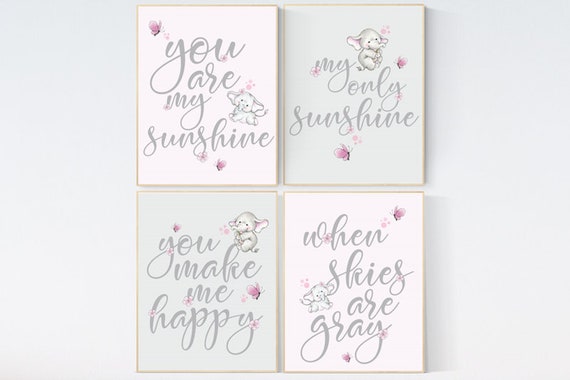 Nursery decor girl you are my sunshine, nursery decor girl pink roses, nursery decor girl floral, flower nursery decor, elephant nursery