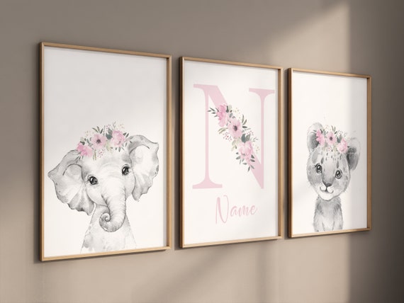 Girl nursery decor, Nursery wall art animals, Safari animals, Floral Nursery Prints, pink nursery, girls nursery decor, elephant nursery