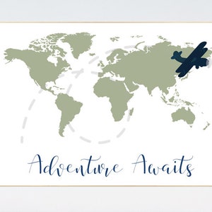 World map nursery, sage green world map, adventure awaits, world map wall art nursery, nursery wall art world map