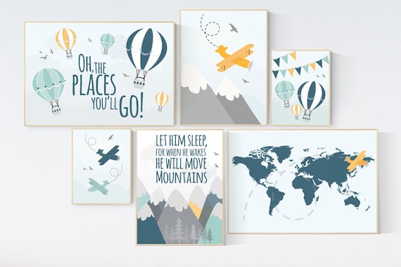 Nursery decor boy mountains adventure, let him sleep for when he wakes he will move mountains, nursery decor boy airplane, world map nursery