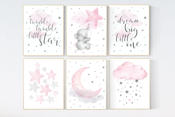 Girl nursery decor elephant, Nursery decor girl, girl room wall art, pink and gray, moon and stars nursery, nursery decor clouds stars