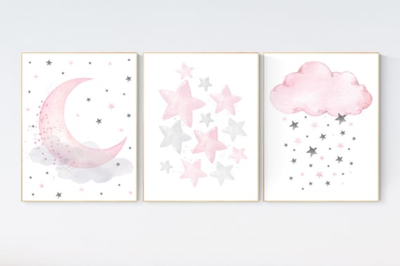 Nursery decor girl, Nursery decor girl pink and gray, pink nursery, moon and star, girl nursery wall art, baby room art, nursery prints girl