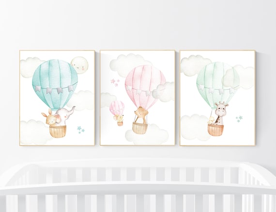 Nursery decor gender neutral, hot air balloon, animal prints, mint, pink, teal, twins, animal nursery, neutral, elephant, bear