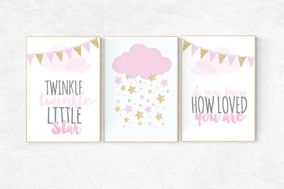 Pink gold nursery, girls room decor, cloud nursery wall art, Twinkle twinkle little star, pink and gold baby shower, baby girl nursery art