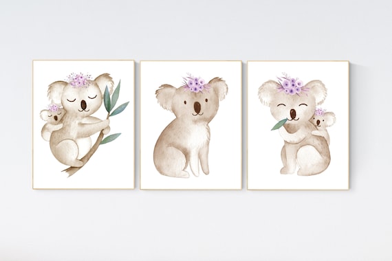 Nursery decor girl, koala nursery, purple nursery art, nursery prints animals, lilac nursery decor, lavender nursery, koala bear nursery