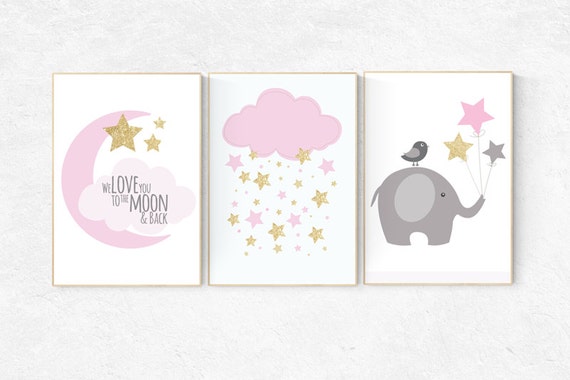 We love you to the moon and back, pink gold nursery, elephant nursery, cloud nursery wall art, pink and gold baby shower, baby girl nursery