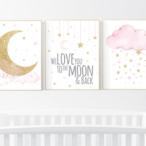 Nursery wall art girl , gold and pink, cloud, moon, stars, girl nursery ideas, nursery wall art, we love you to the moon and back,