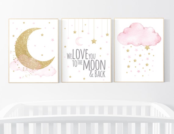 Nursery wall art girl , gold and pink, cloud, moon, stars, girl nursery ideas, nursery wall art, we love you to the moon and back,