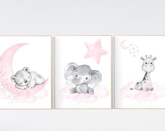 Animal nursery, nursery decor girl pink gray, nursery decor girl woodland animals, teddy bear, elephant, giraffe, baby girl nursery prints