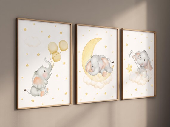 Nursery decor neutral, Yellow nursery, nursery wall art elephant, moon, stars, gender neutral, yellow and gray nursery art, baby room art