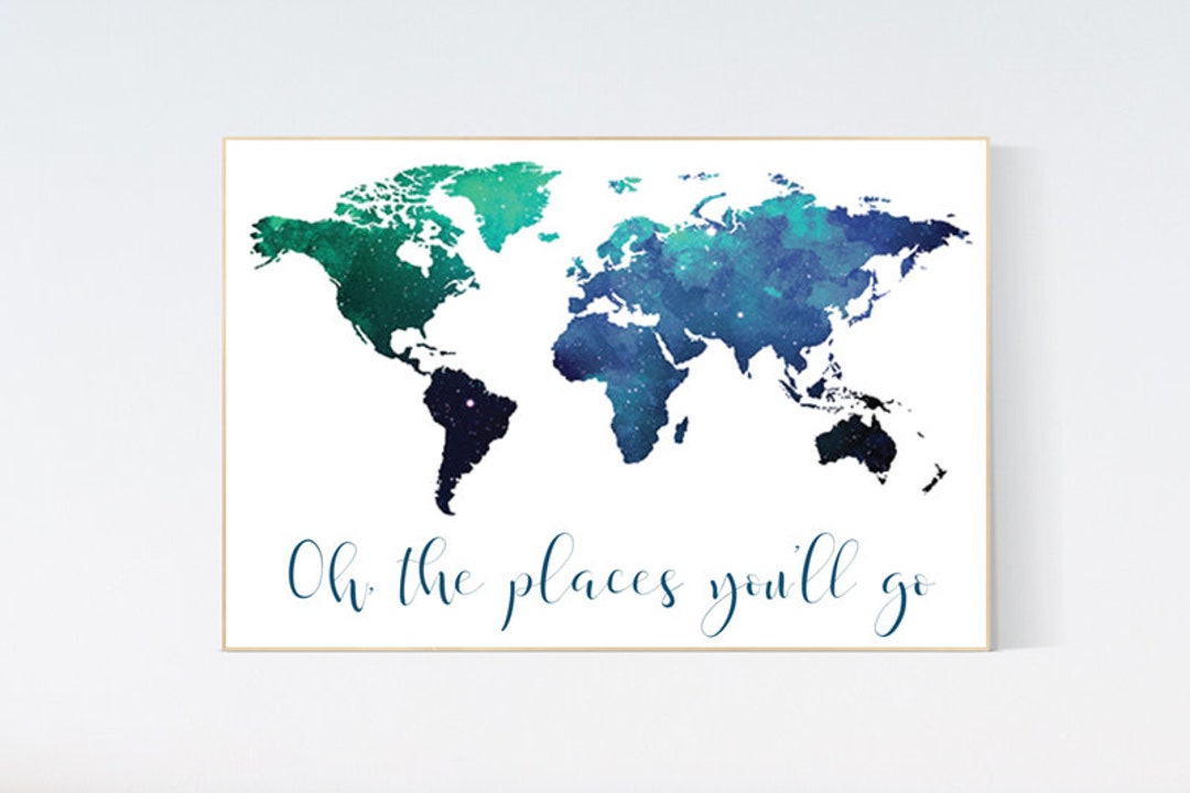 Navy Teal World Map Print Nursery Art Baby's Nursery - Etsy