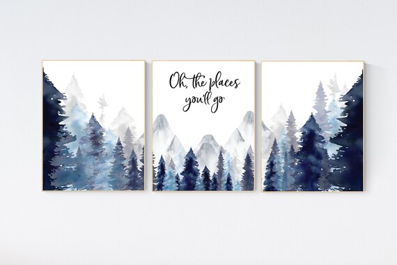 Nursery decor woodland, mountain wall art, tree nursery decor, adventure theme nursery, forest, navy and baby blue, woodland animals