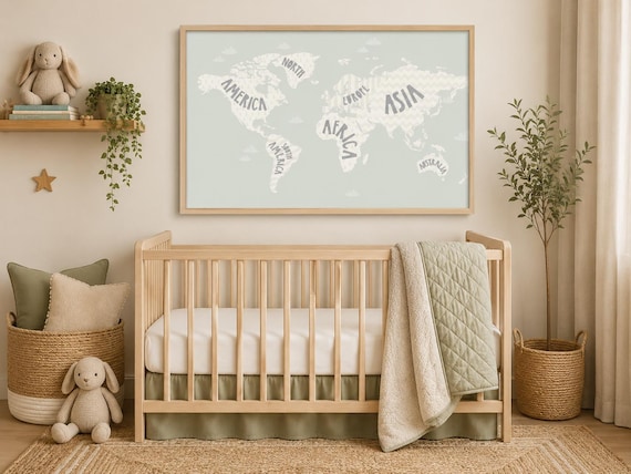 World Map Nursery Print: Mint Green Kids Room Wall Art