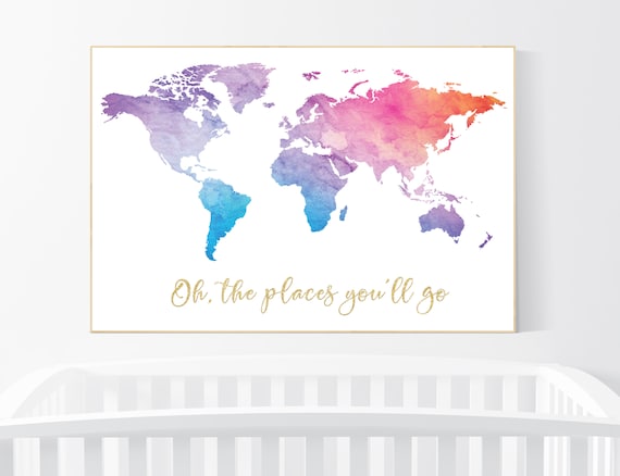 World Map poster, world map wall art, nursery wall art, oh the places you'll go, pink purple, mint, gold, nursery decor gender neutral