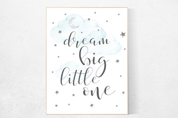 Blue, teal nursery decor, nursery decor boy, nursery wall art boy, dream big little one, cloud and stars nursery, baby room wall art