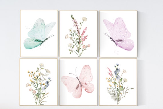 Nursery decor girl butterfly, floral nursery, nursery decor girl butterflies, flower nursery, butterfly nursery wall art, pastel colors