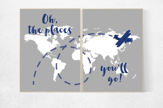 Oh the places you'll go, gray nursery decor, travel nursery decor, World Map wall art, world map nursery, navy gray nursery, grey nursery