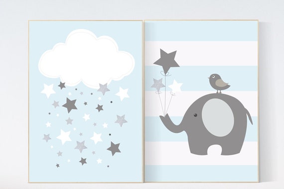 Elephant nursery, cloud nursery, baby boy nursery wall art, blue gray nursery decor, baby boy nursery decor, blue silver, kids room decor