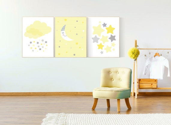 Yellow gray nursery wall art, Nursery decor girl yellow, moon cloud star, baby room decor for twin, moon nursery decor, gender neutral, twin