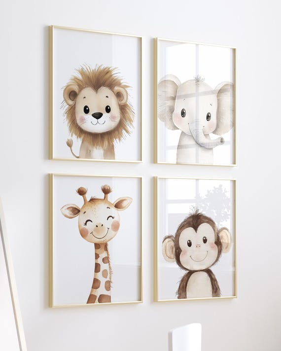 Safari Nursery Prints: Lion, Elephant, Giraffe, Monkey - Jungle Animal Art Set