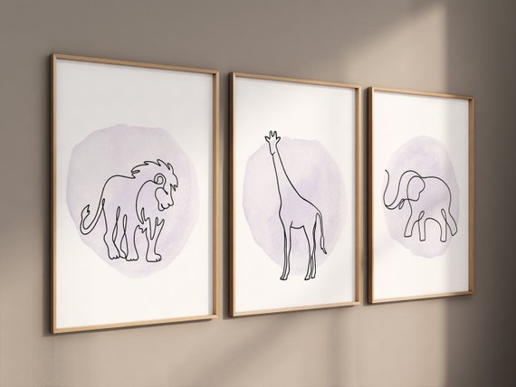 Nursery wall art animals, line art, animal nursery, gender neutral nursery, neutral nursery, purple nursery, lion, elephant, giraffe