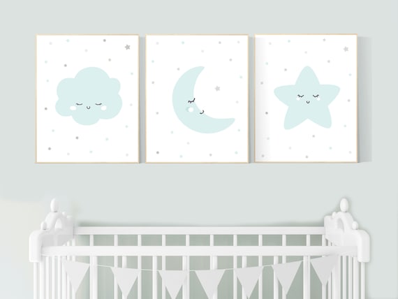 Gender neutral nursery decor, nursery wall art stars, gender neutral nursery, moon and stars nursery, teal, nursery, cloud nursery, stars