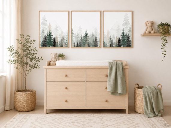 Mountain Nursery Print: Sage Green Forest, Woodland Animals