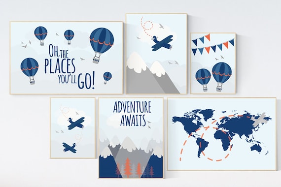 Nursery decor boy mountain, navy orange, Adventure nursery decor, travel theme, nursery wall decor boy plane, world map, adventure awaits