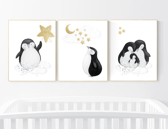 Penguin nursery decor, penguin nursery, gold nursery art, baby room wall art, boy nursery decor, nursery wall art penguin, neutral nursery