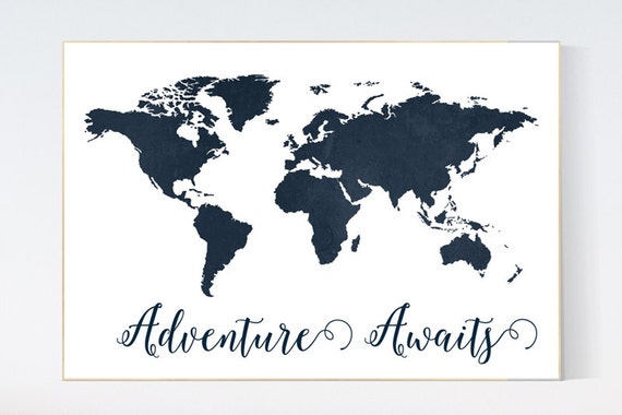 Navy World Map print, Adventure awaits Nursery print, Kid's Room Decor, Children's playroom, toddler navy baby wall art, world map gift