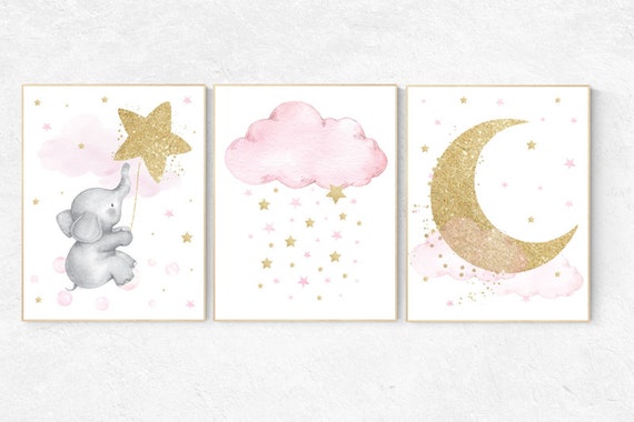 Nursery wall art girl elephant, baby room decor girl gold and pink, cloud and stars, baby room decor, nursery wall art elephant, watercolor