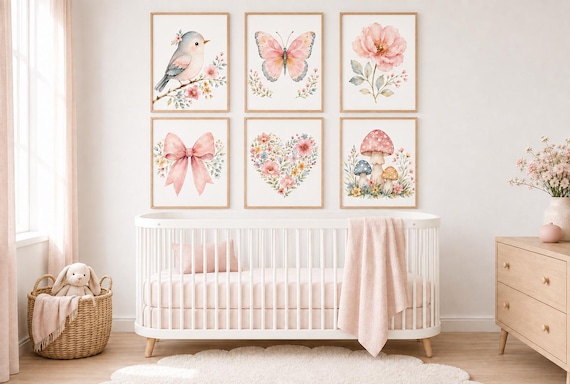 Girls Nursery Wall Art Set of 6, Watercolor Bird Butterfly Floral Prints