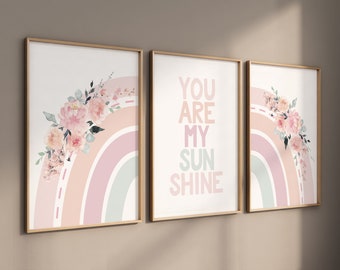 Rainbow print for nursery, girl nursery, pink and teal, floral nursery, rainbow nursery, you are my sunshine, Girl Nursery Decor, rainbow