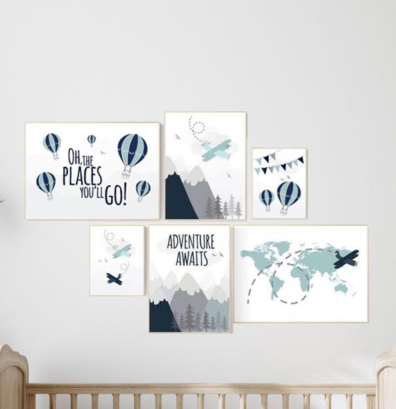 Nursery decor boy mountains adventure, mountain nursery art, adventure awaits. mountain, hot air balloon, planes, world map, gender neutral