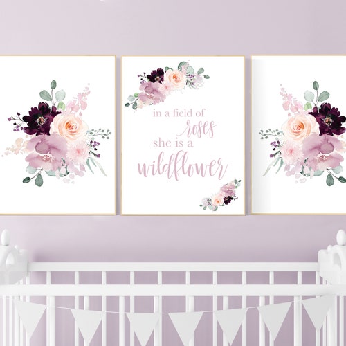 Purple Nursery Wall Decor for Baby Girl Nurseryfloral Etsy