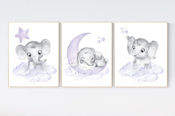 Girls room decor lavender, Nursery decor girl purple, nursery decor elephant girl, moon and stars, nursery decor girl lavender, lilac